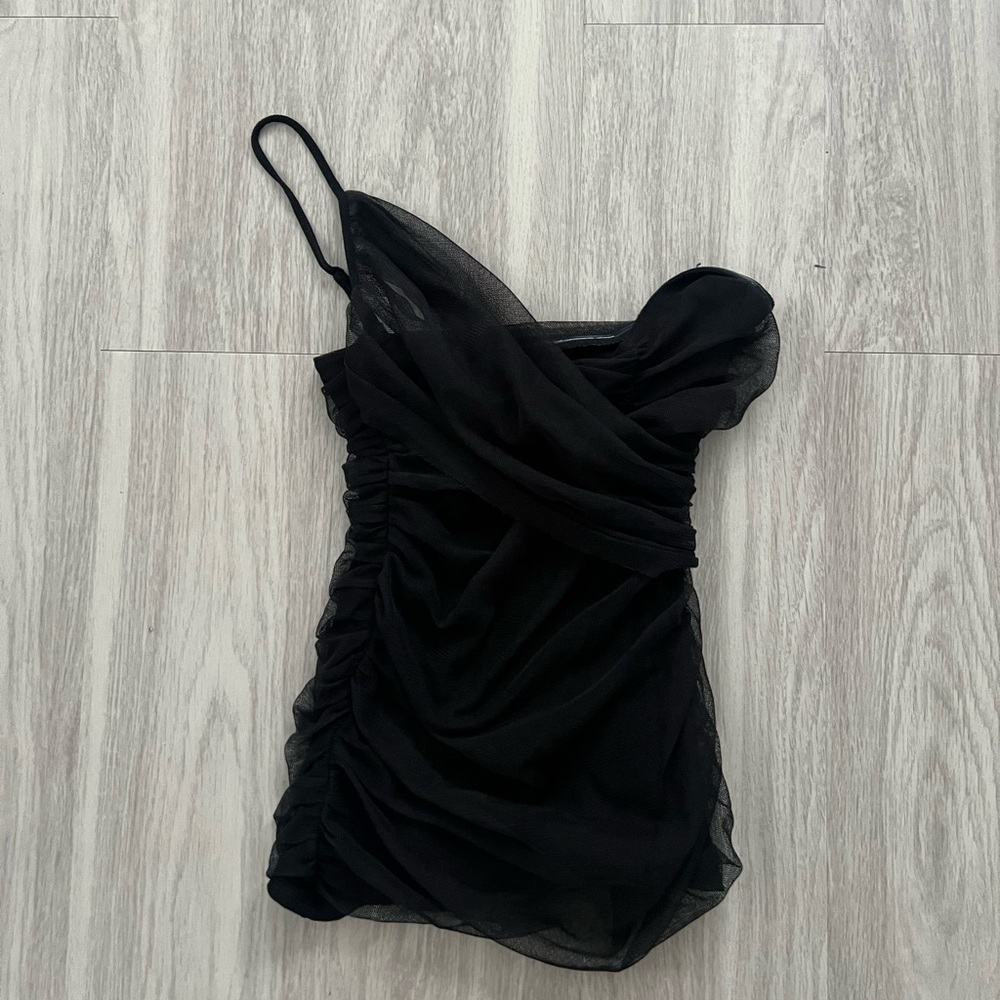 BCBGMaxAzria Black One-Shoulder Ruched Tank Top